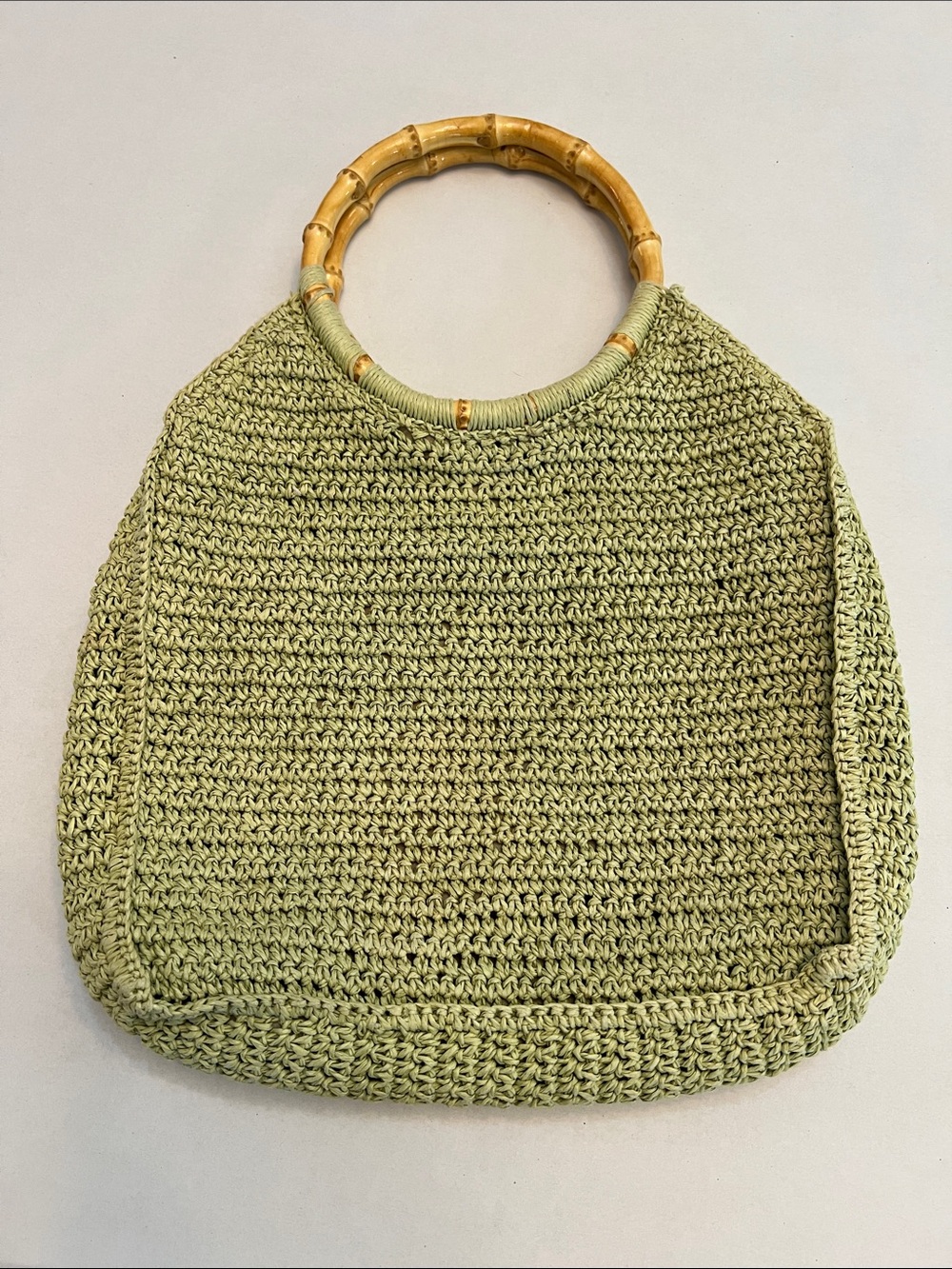 SCALA GAL Y2K GREEN WOVEN TWINE WITH FLOWERS WITH BAMBOO HANDLES BAG PURSE - Picture 2 of 12